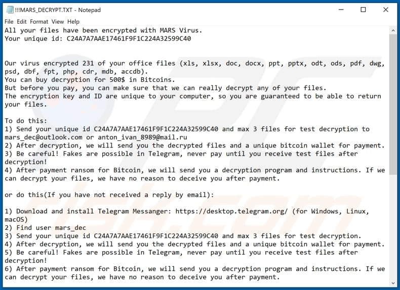Instrucciones de desencriptado de MARS (!!!MARS_DECRYPT.TXT)