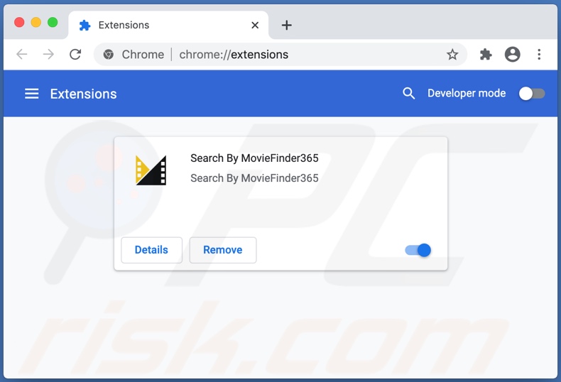 El secuestrador del navegador MovieFinder365 instalado en Chrome