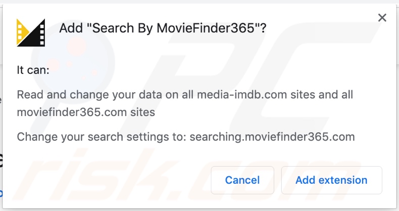 El secuestrador del navegador MovieFinder365 pide permisos (Chrome)