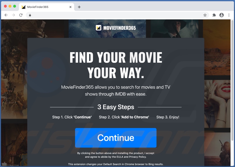 Sitio web de dudosa reputación utilizado para promocionar el secuestrador del navegador MovieFinder365