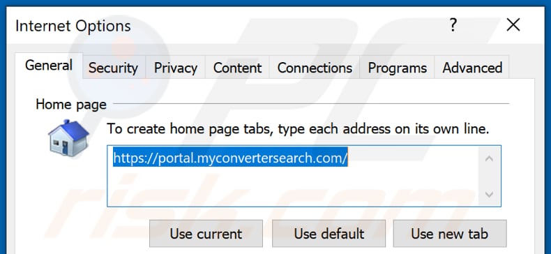 Eliminando myconvertersearch.com de la página de inicio de Internet Explorer
