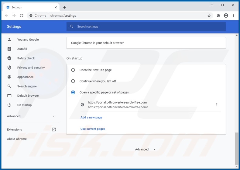 Eliminando pdfconvertersearch4free.com de la página de inicio de Google Chrome