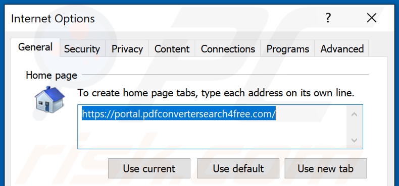 Eliminando pdfconvertersearch4free.com de la página de inicio de Internet Explorer