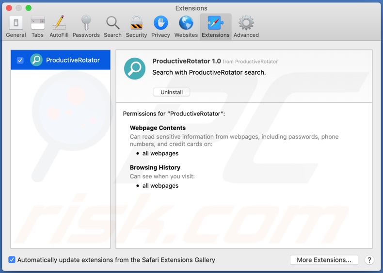 Adware ProductiveRotator instalado en Safari