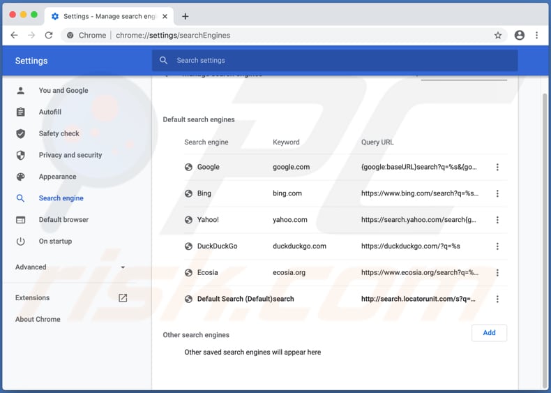 Search.locatorunit.com en la configuración de Chrome