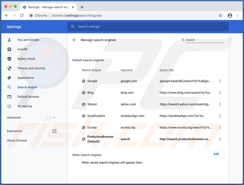 Search.productivebrowser en la configuración de Chrome