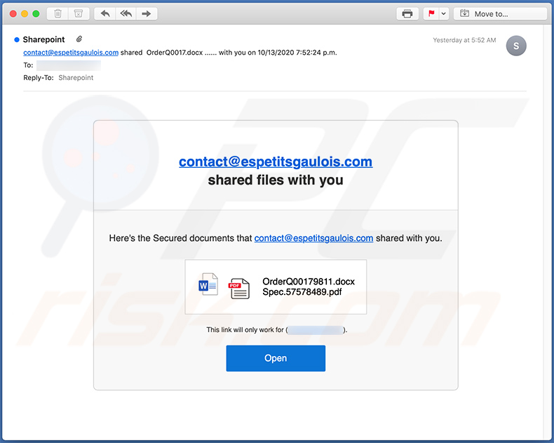Correo electrónico no deseado de SharePoint que promueve un sitio de phishing