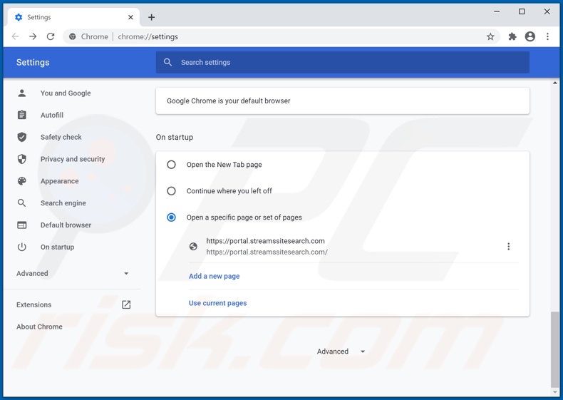 Eliminando streamssitesearch.com de la página de inicio de Google Chrome