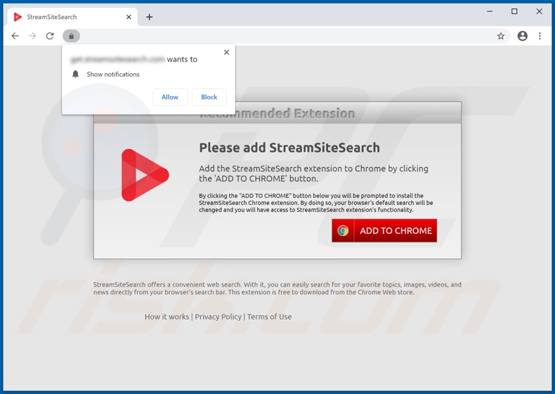 Sitio web que promociona el secuestrador de navegador StreamSiteSearch