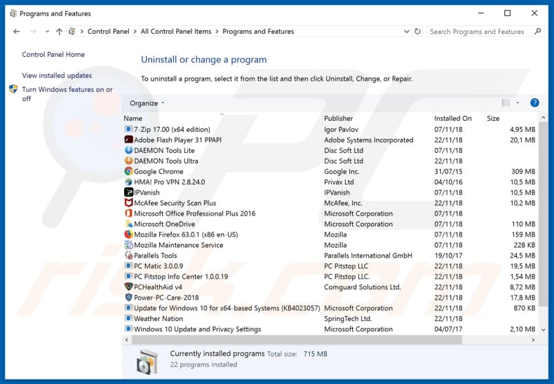 Desinstalar el adware Windows Defender - Security Warning a través del Panel de Control