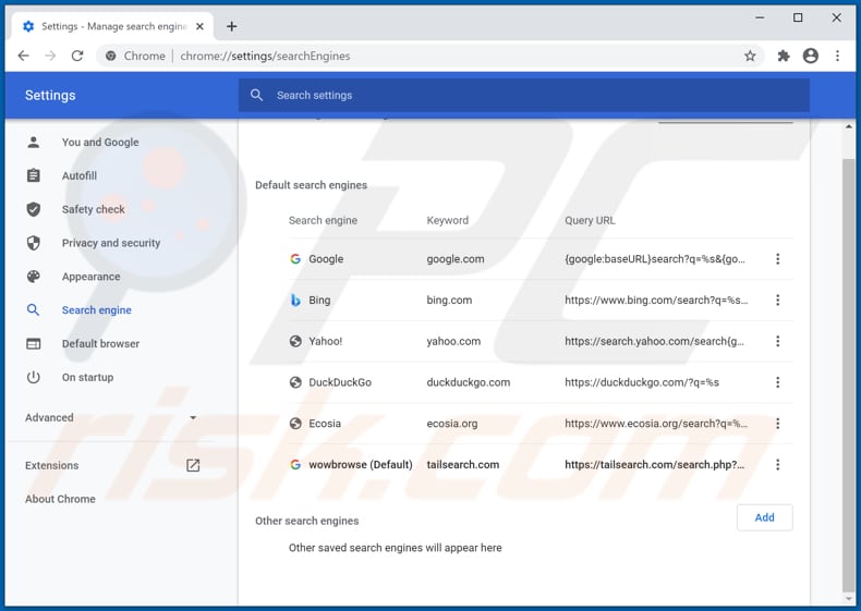 Eliminando tailsearch.com del motor de búsqueda predeterminado de Google Chrome