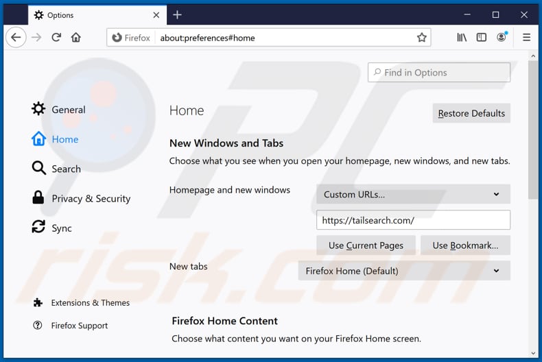 Eliminando tailsearch.com de la página de inicio de Mozilla Firefox