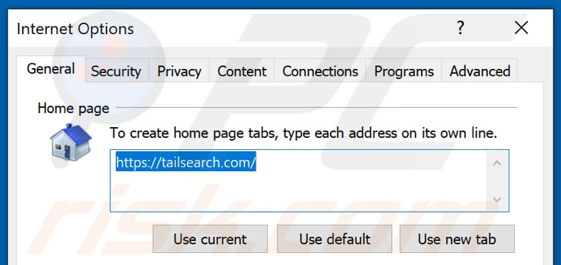 Eliminando tailsearch.com de la página de inicio de Internet Explorer