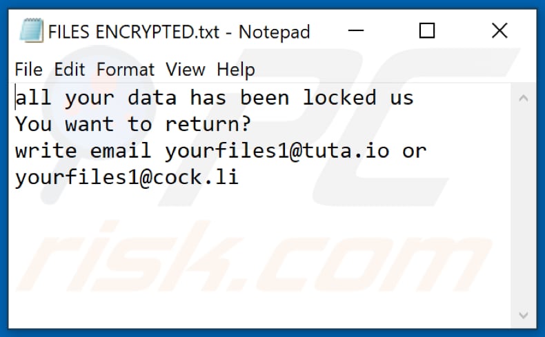 Archivo de texto del ransomware YUFL (FILES ENCRYPTED.txt)