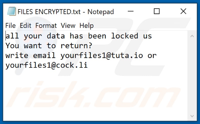 Archivo de texto del ransomware YUFL (FILES ENCRYPTED.txt)