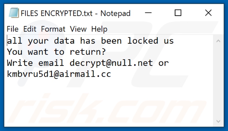 Archivo de texto del ransomware Zxcv (FILES ENCRYPTED.txt)
