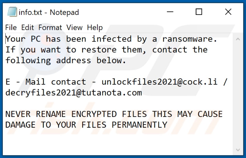 Archivo de texto del ransomware Acuff (info.txt)