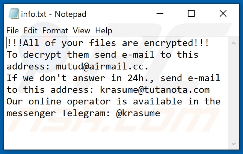 Archivo de texto del ransomware Banjo (info.txt)