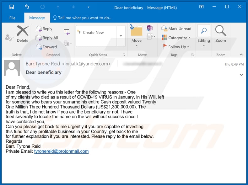 variante con temática de Coronavirus de la estafa de la herencia del beneficiario por correo electrónico