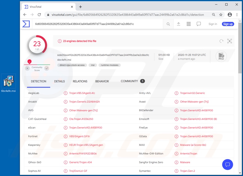 Detecciones del malware Chaes (falso instalador) en VirusTotal