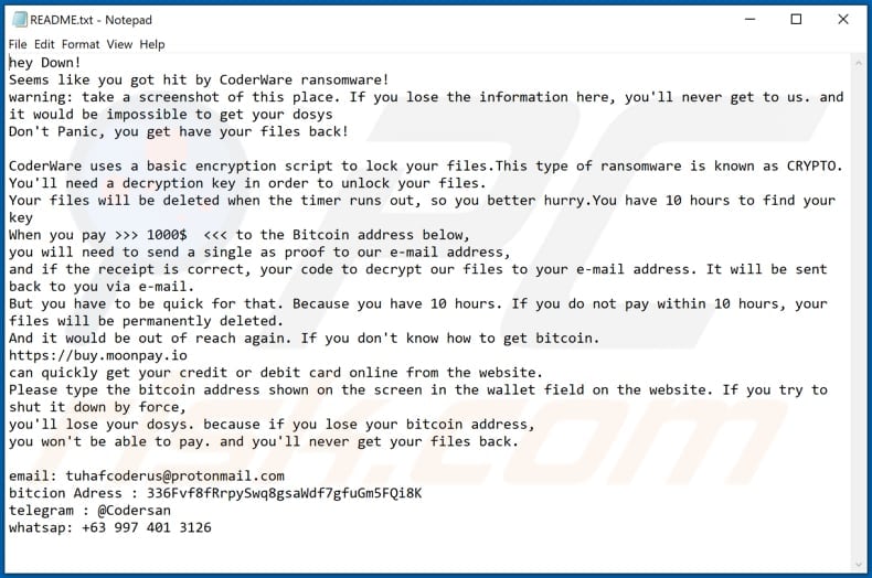 Archivo de texto del ransomware CoderWare (README.txt)