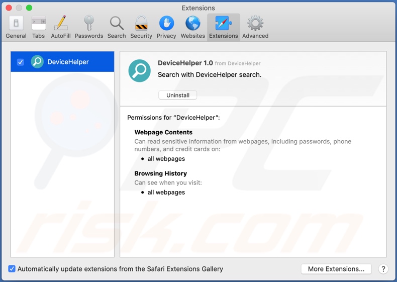 Adware DeviceHelper instalado en Safari