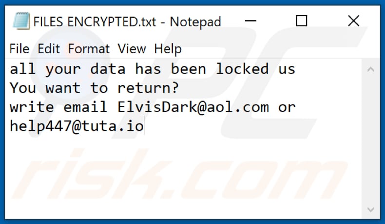 Archivo de texto del ransomware Elvis (FILES ENCRYPTED.txt)