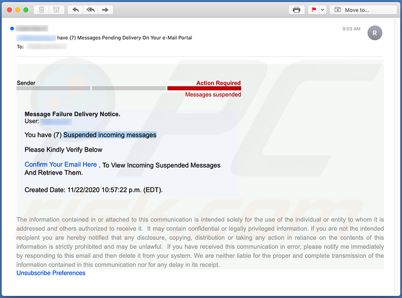 Email no deseado que promociona un sitio web de phishing (23/11/2020)
