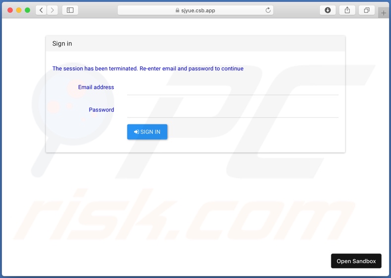 Sitio de phishing promocionado por el correo electrónico fraudulento 