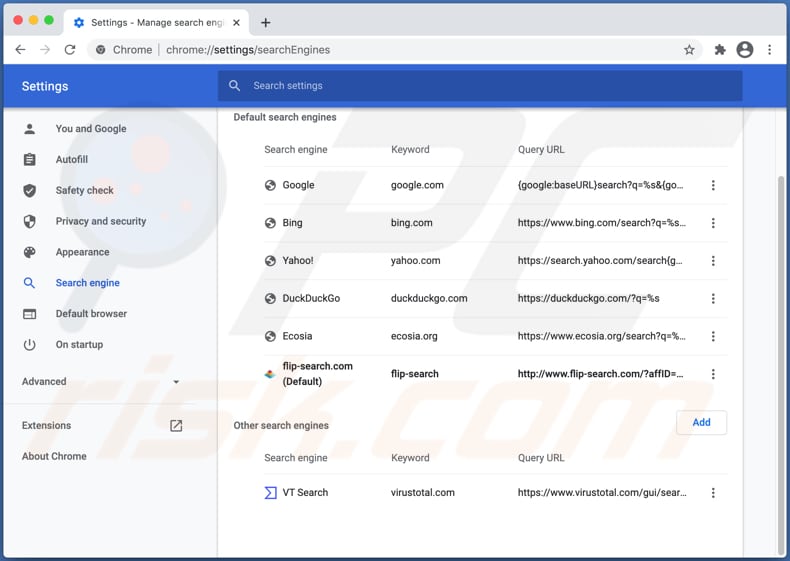 Flip-search.com en la configuración de Chrome como motor de búsqueda predeterminado