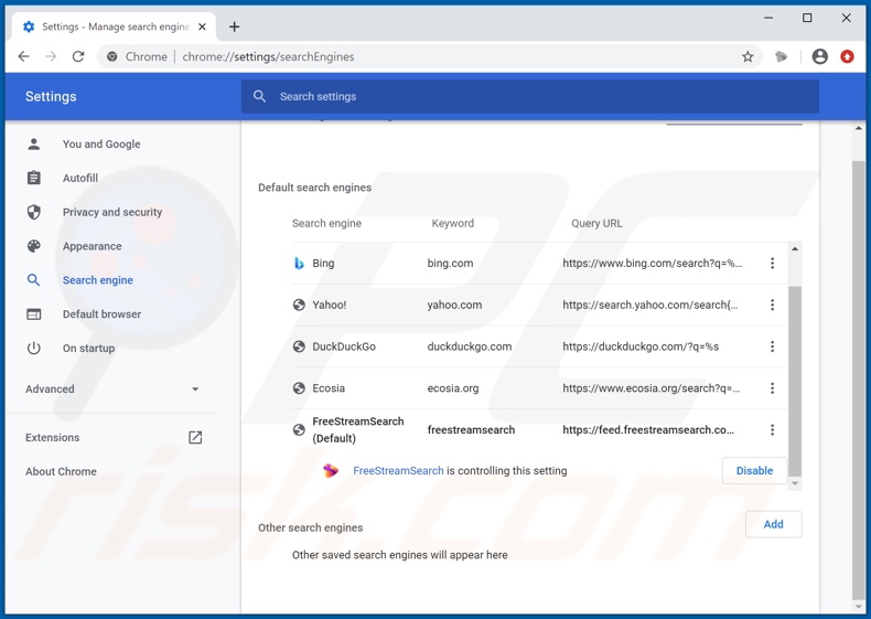 Eliminando freestreamsearch.com del motor de búsqueda predeterminado de Google Chrome
