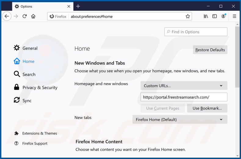 Eliminando freestreamsearch.com de la página de inicio de Mozilla Firefox