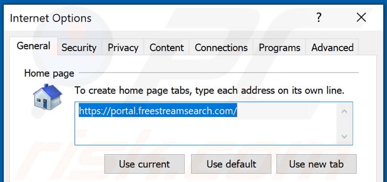 Eliminando freestreamsearch.com de la página de inicio de Internet Explorer