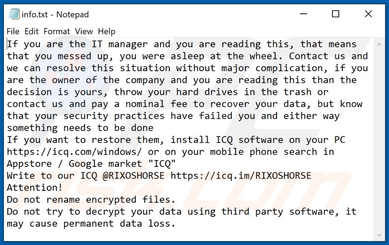 Archivo de texto del ransomware HOTEL (info.txt)