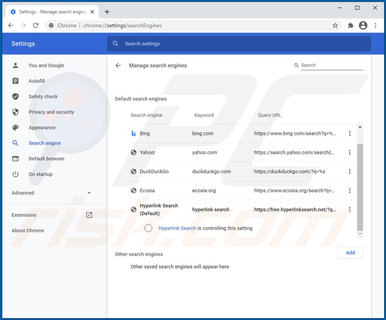 Eliminando free.hyperlinksearch.net del motor de búsqueda predeterminado de Google Chrome