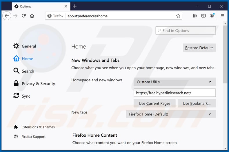 Eliminando free.hyperlinksearch.net de la página de inicio de Mozilla Firefox