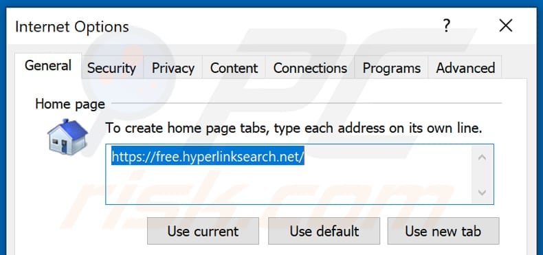 Eliminando free.hyperlinksearch.net de la página de inicio de Internet Explorer