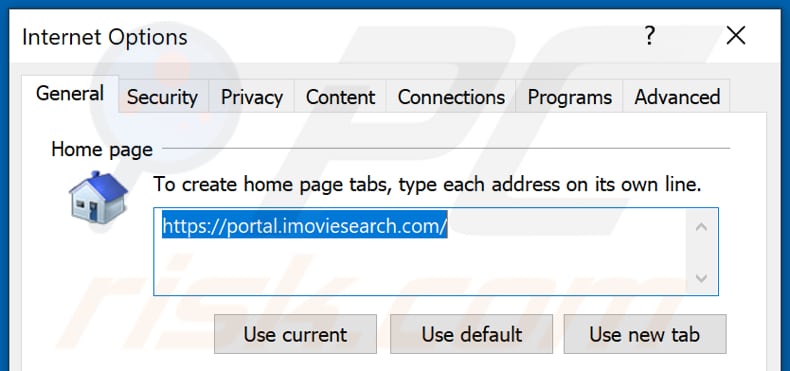 Eliminando imoviesearch.com de la página de inicio de Internet Explorer