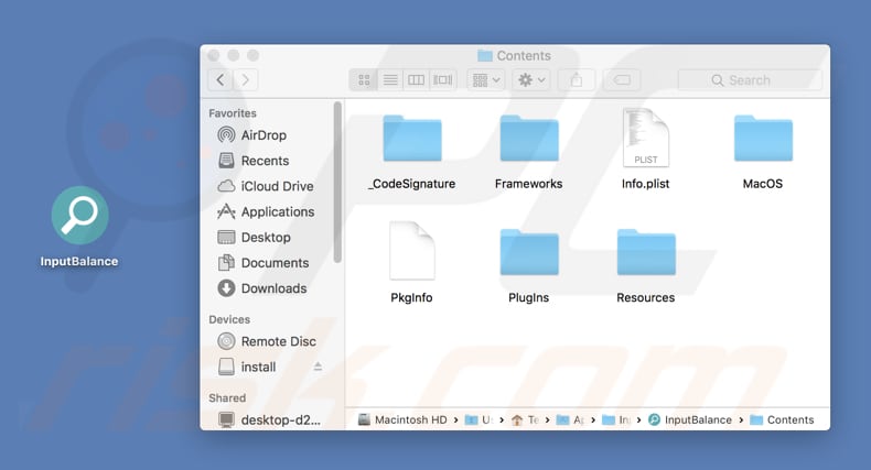 Contenido de la carpeta del adware InputBalance