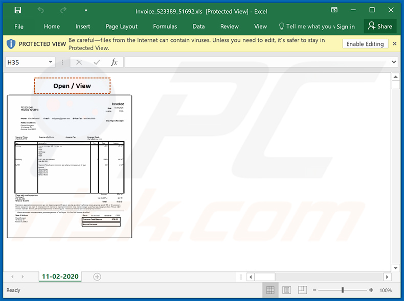 Documento malicioso de MS Excel distribuido a través de emails no deseados con temas de facturas