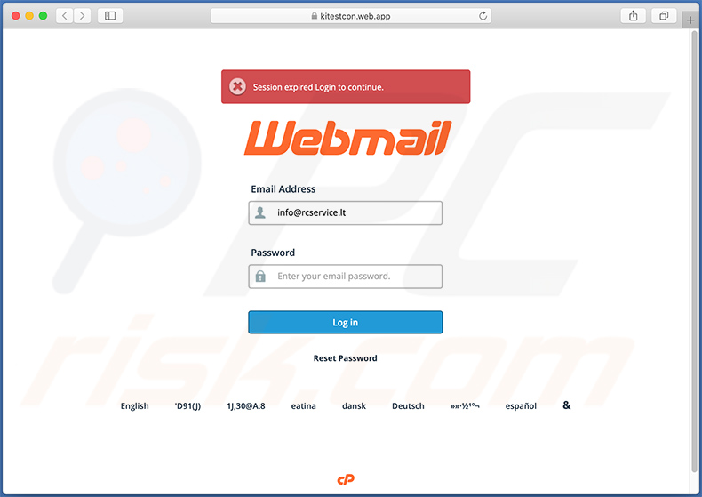 Sitio de inicio de sesión de Webmail falso promocionado a través de correo electrónico no deseado con temática de 