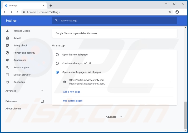 Eliminando moviesearchtv.com de la página de inicio de Google Chrome