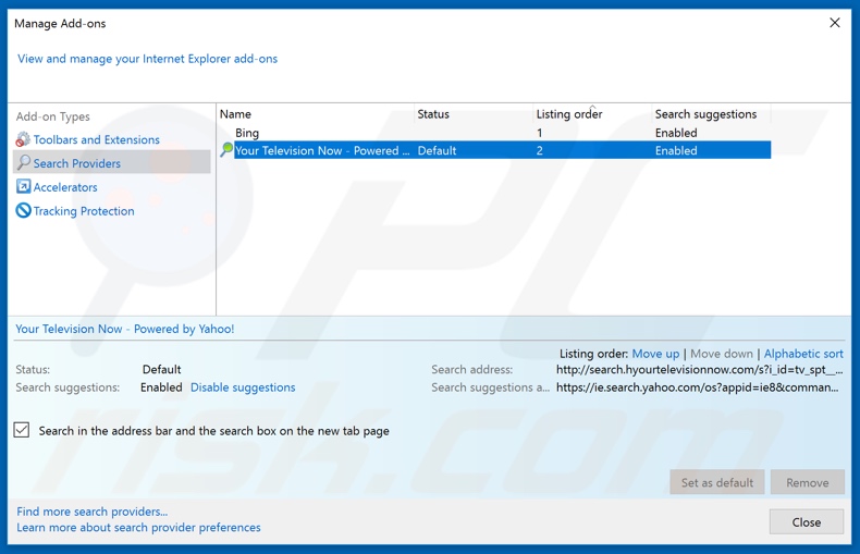 Eliminando moviesearchtv.com del motor de búsqueda predeterminado de Internet Explorer