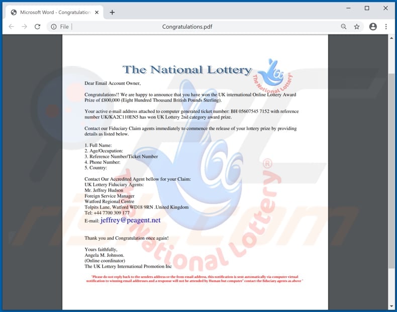 documento pdf de la estafa por correo electrónico de la lotería nacional