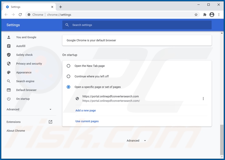 Eliminando onlinepdfconvertersearch.com de la página de inicio de Google Chrome