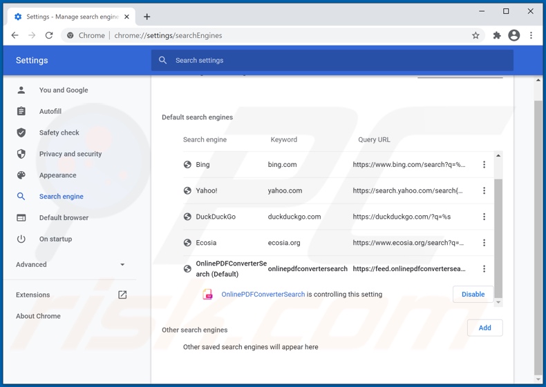 Eliminando onlinepdfconvertersearch.com del motor de búsqueda predeterminado de Google Chrome