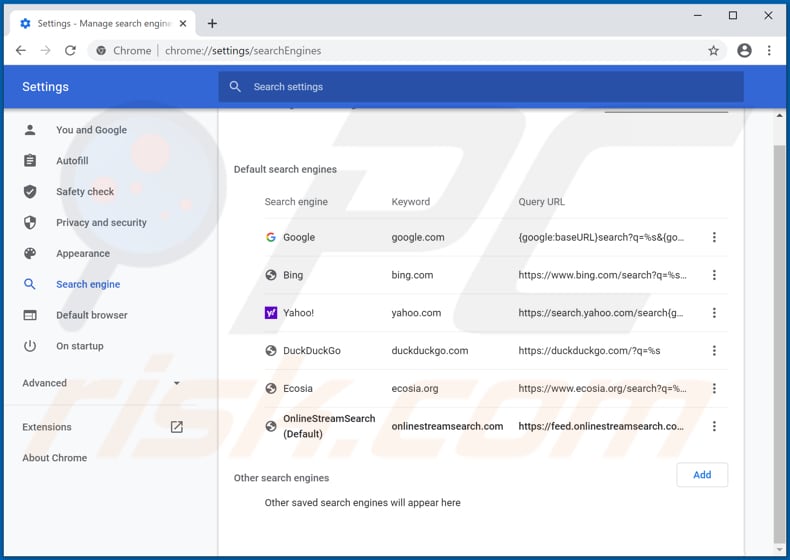 Eliminando onlinestreamsearch.com del motor de búsqueda predeterminado de Google Chrome