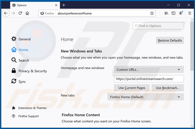 Eliminando onlinestreamsearch.com de la página de inicio de Mozilla Firefox