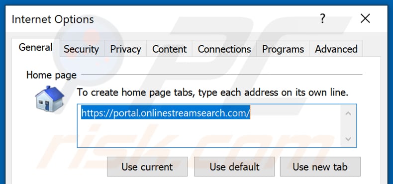 Eliminando onlinestreamsearch.com de la página de inicio de Internet Explorer