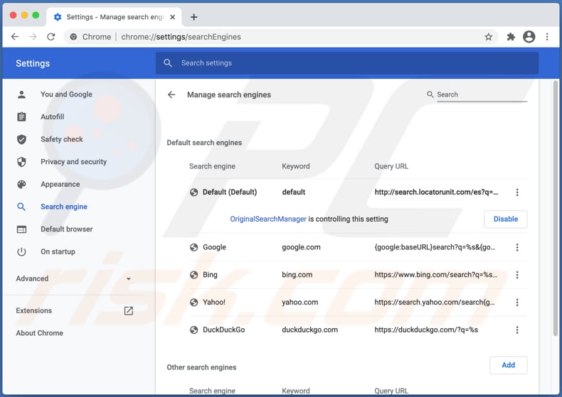 Search.locatorunit.com asignado como motor de búsqueda predeterminado